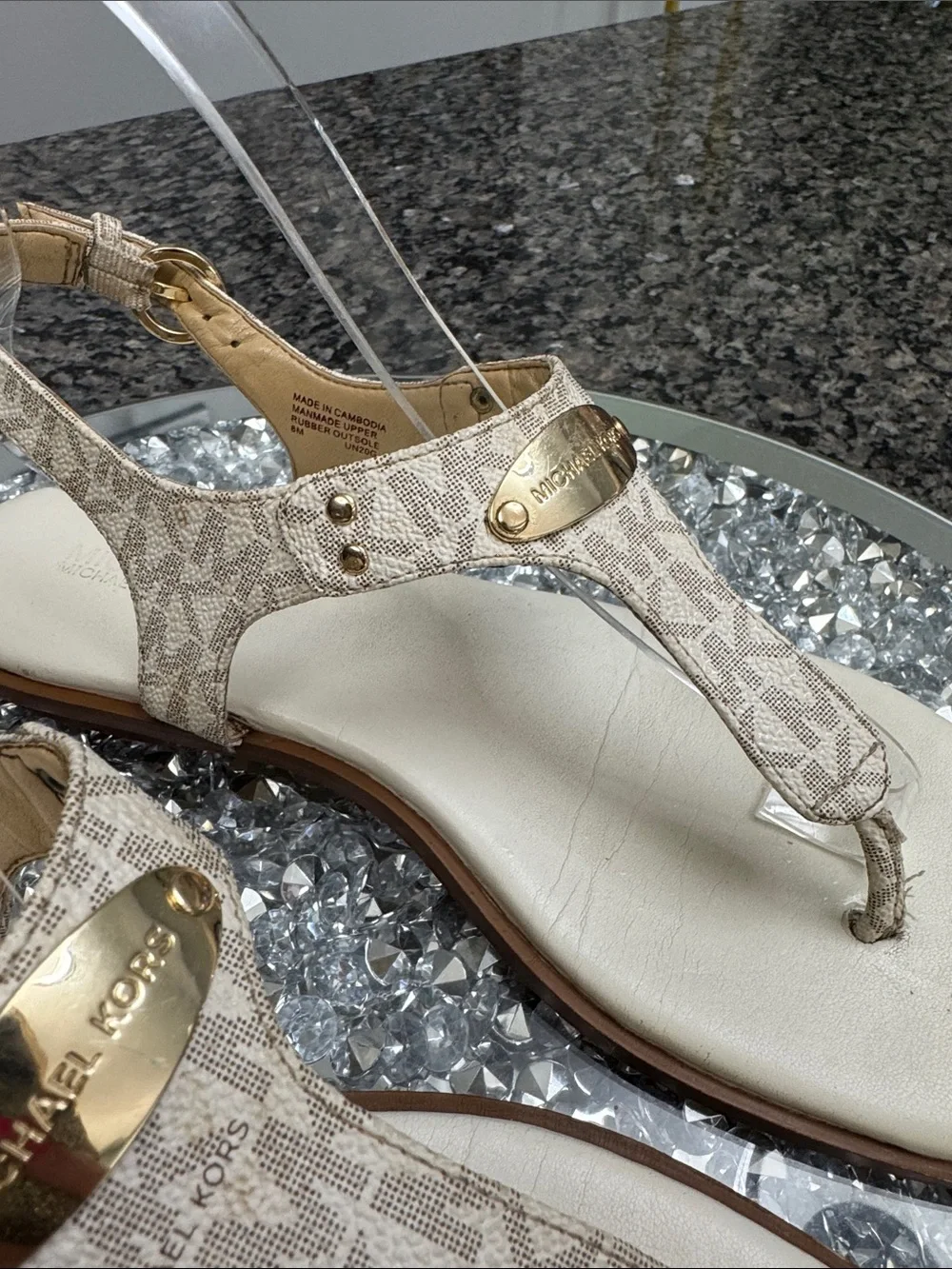 Michael Kors Beige Logo T-Strap Sandals 8